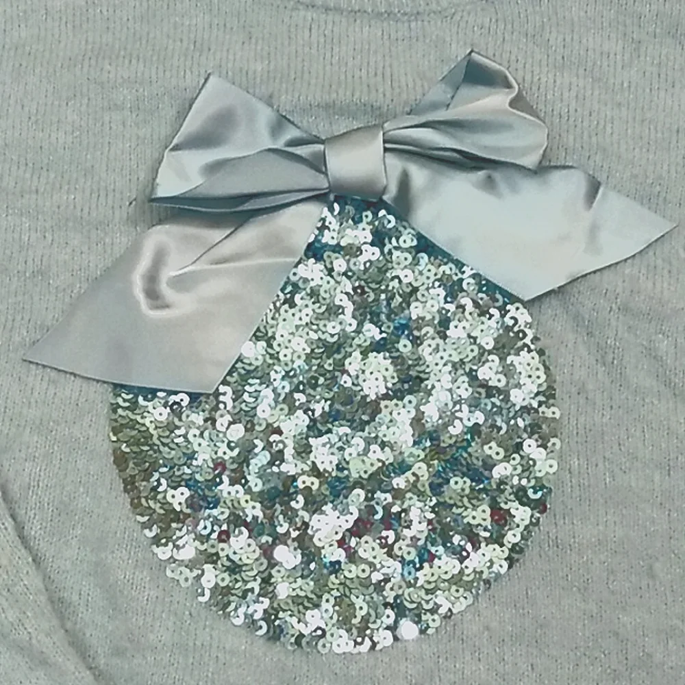 Fun, festive "Holiday Time" light blue super soft sweater with white faux fur - Picture 3 of 5